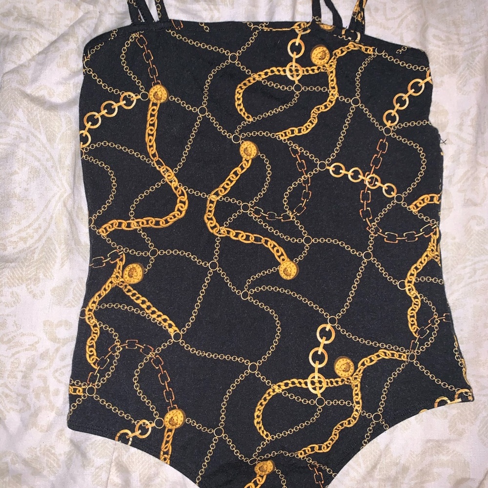 Black ASOS bodysuit with gold print